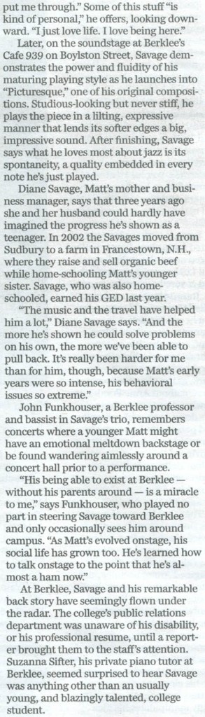 Boston Globe Newspaper article about Matt Savage
